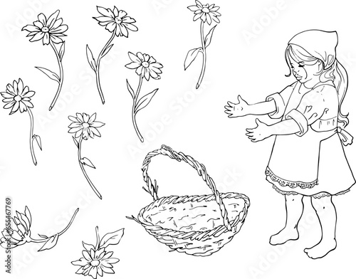 Girl, basket and set of daisies. Line drawing for printing coloring books, children's books, games and printing on children's products. For math problems in games and other educational activities. 