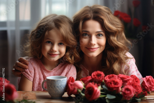 Woman and little girl are sitting at table with beautiful roses. This picture can be used to depict loving mother and daughter spending quality time together or to symbolize beauty of nature and love