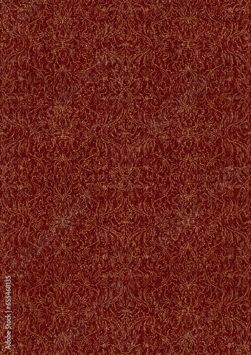 Hand-drawn unique abstract symmetrical seamless gold ornament and splatters of golden glitter on a deep red background. Paper texture. Digital artwork, A4. (pattern: p11-1e)