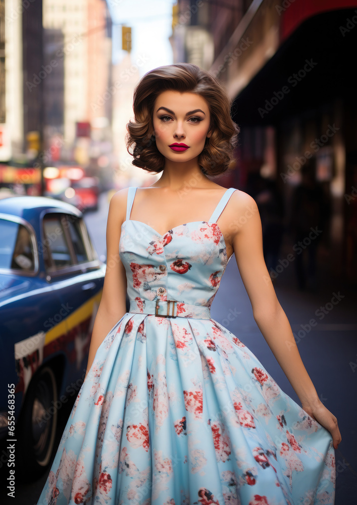 Naklejka premium Generative AI, beautiful young woman dressed in 50s retro style with stylish hair stands on the street of old new york with cars, vintage fashion, feminine girl, designer dress, skirt, pin up