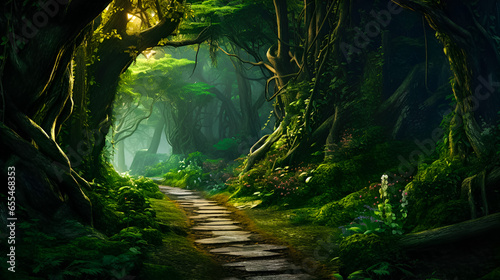 Illuminated path in elven forest