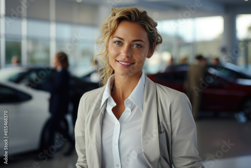Woman standing in car showroom with cars in background. Ideal for automotive industry promotions and advertisements