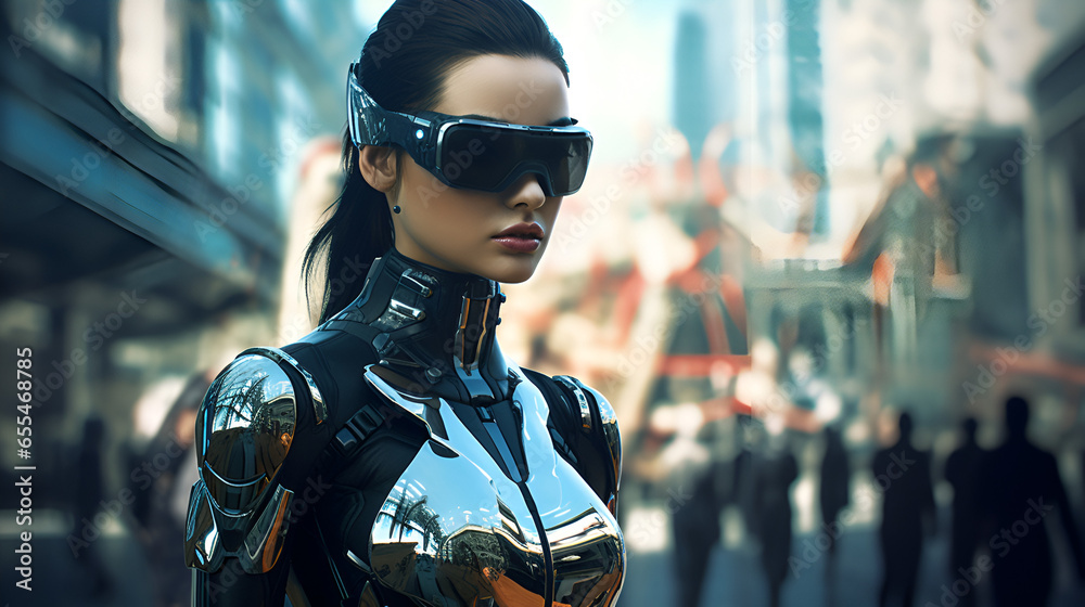 A woman in futuristic chrome battle armor and matching VR glasses A woman in futuristic chrome battle armor and matching VR glasses