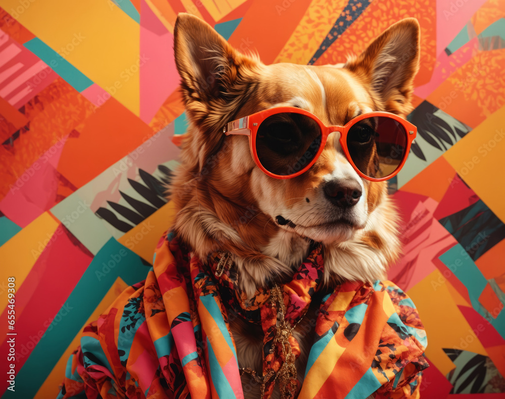 Colorful collage illustration of a dog, wearing sunglasses.