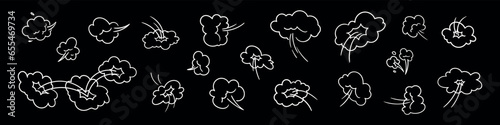 Comic style doodle set action effects jump, poof, whoosh and smoke. motion lines, wind, and icons for speed, throw, and punch. Flat vector illustration isolated