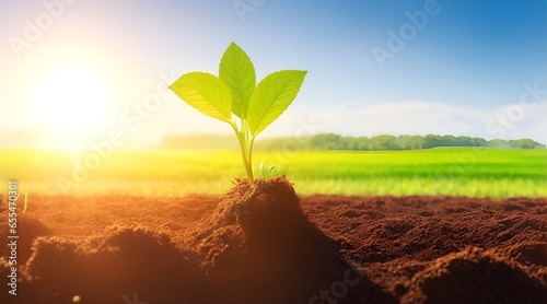 The seedling are growing from the rich soil to the morning sunlight that is shining, ecology concept. wide panoramic banner