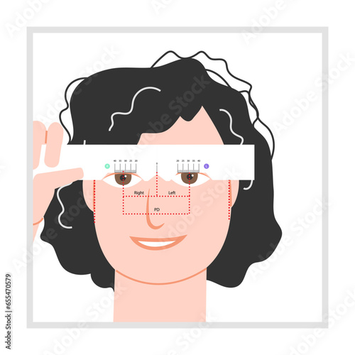 Character self measuring pupil distance with manual pupillometer for order glasses. Flat modern cartoon style color trendy vector medical illustration isolated on white. Ophthalmic exam concept.