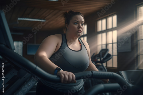 Fat girl in the gym using the equipment and with an angry attitude