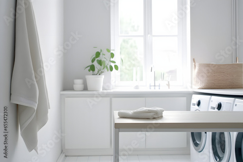 White and minimalist laundry room  interior design concept