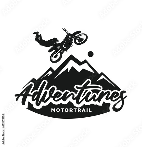 Motocross extreme sport logo badge with mountain