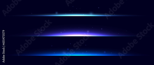 Neon divider lines set. Glowing horizontal stripes collection. Fluorescent electric light sticks pack. Shining beams LED effect bundle. Vector blue, purple, green elements for poster banner cover