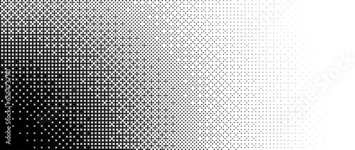 Corner halftone texture. Dotted curve gradient pattern background. Abstract 8 bit faded pop art wallpaper. Vanishing spotted pixelated design backdrop for banner, poster, flyer, cover. Vector bitmap
