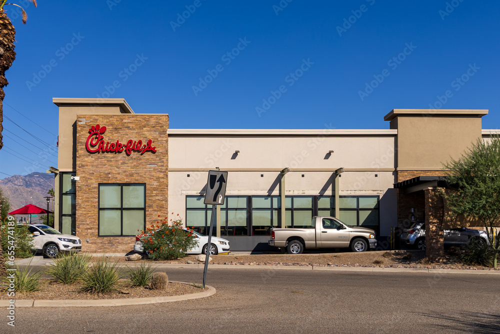 Marana, Arizona, USA September 30, 2023 Drive thru line at ChickFil