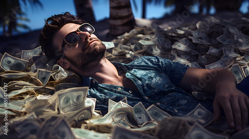 Rich man in sunglasses and beard relaxing on an island beach, covered in money. Financial freedom or passive income concept © Sunshine Design