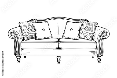 Vintage sofa hand drawn ink sketch. Engraving style vector illustration