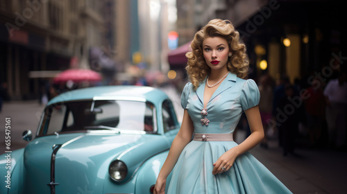 Generative AI, beautiful young woman dressed in 50s retro style with stylish hair stands on the street of old new york with cars, vintage fashion, feminine girl, designer dress, skirt, pin up © Julia Zarubina