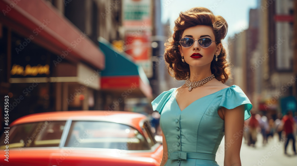 Generative AI, beautiful young woman dressed in 50s retro style with stylish hair stands on the street of old new york with cars, vintage fashion, feminine girl, designer dress, skirt, pin up