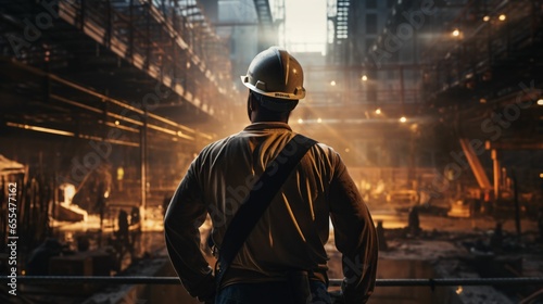 Cinematic construction site worker with safety helm looking at the building under construction