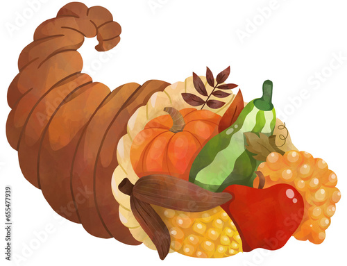Watercolor Thanksgiving Element with Cornucopia basket with fruits and vegetables © titaporn