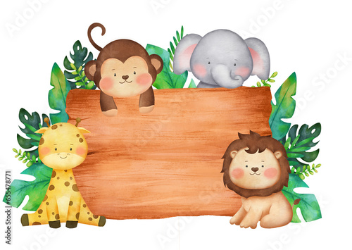 Photography Empty wood with wild animals watercolor hand drawn