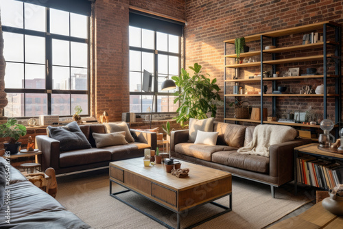 A Cozy and Chic Industrial Living Room with Vintage Furniture, Exposed Brick Walls, and Rustic Wood Accents, featuring Urban Loft Vibes, Floor-to-Ceiling Windows, and Industrial-Inspired Accessories.
