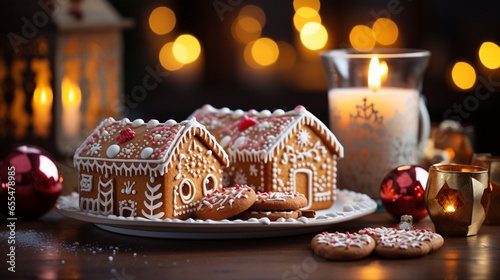 Christmas Gingerbread House and Treats on a Small Plate Amist the Decorations. Generative AI. photo