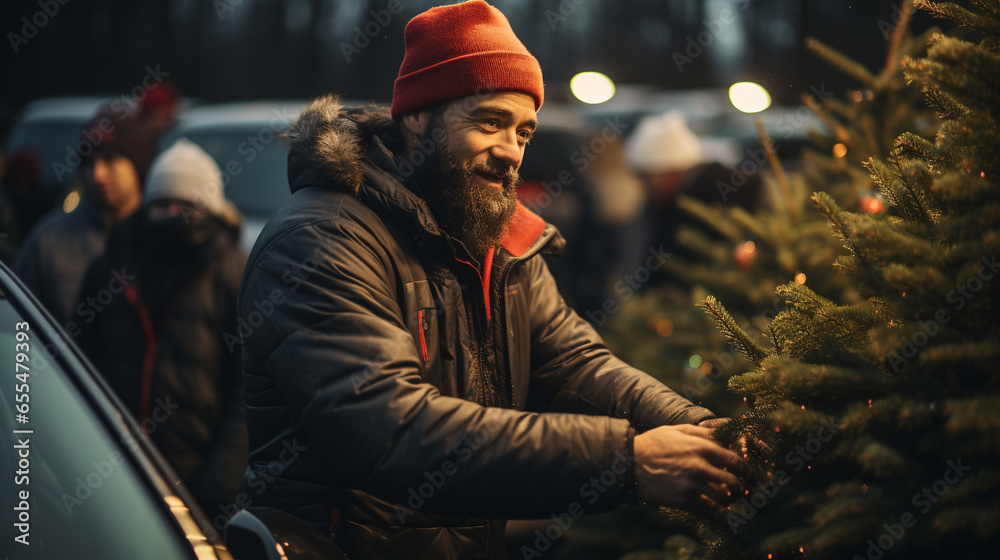 Young Man Working at the Christmas Tree Farm During the Holiday Season. Generative AI.