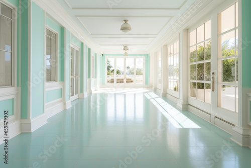 Aqua Colored Hallway Interior: Serene and Tranquil, Filled with Natural Light Streaming Through Large Windows, Creating a Stylish, Minimalist, and Refreshing Ambiance. © aicandy