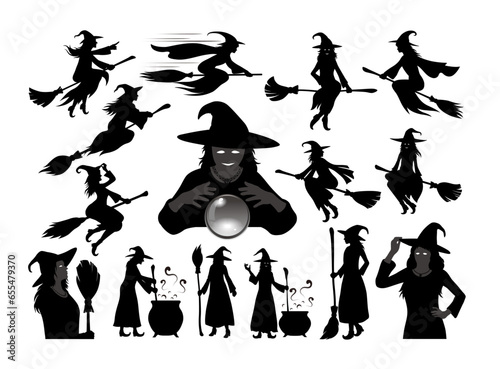 Happy halloween witch vector silhouette illustration set