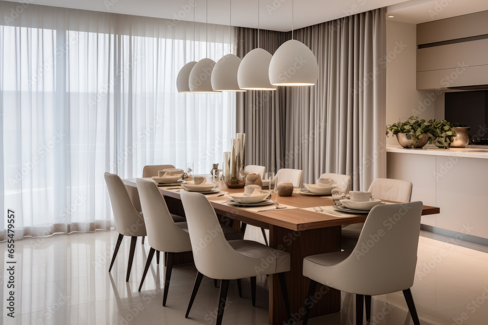 Elegantly minimalistic dining room interior, emphasizing clean lines, sleek furniture, and neutral colors, creates a serene ambiance of timeless sophistication and inviting calmness Elegantly minimalistic dining room interior, emphasizing clean lines, sleek furniture, and neutral colors, creates a serene ambiance of timeless sophistication and inviting calmness