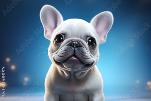 French Bulldog cartoon on a light blue background. Adorable 3D animal close-up portrait.