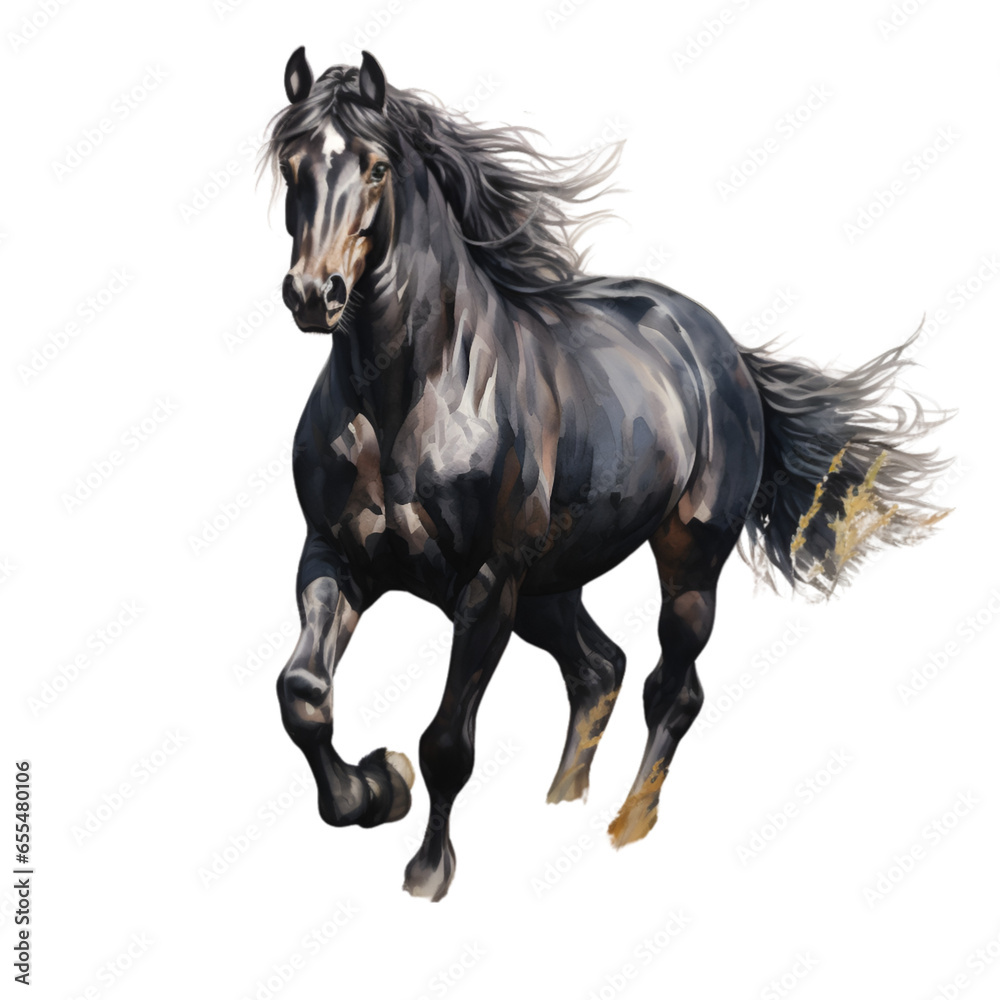 Graceful Black Horse in Meadow Isolated on Transparent or White Background, PNG