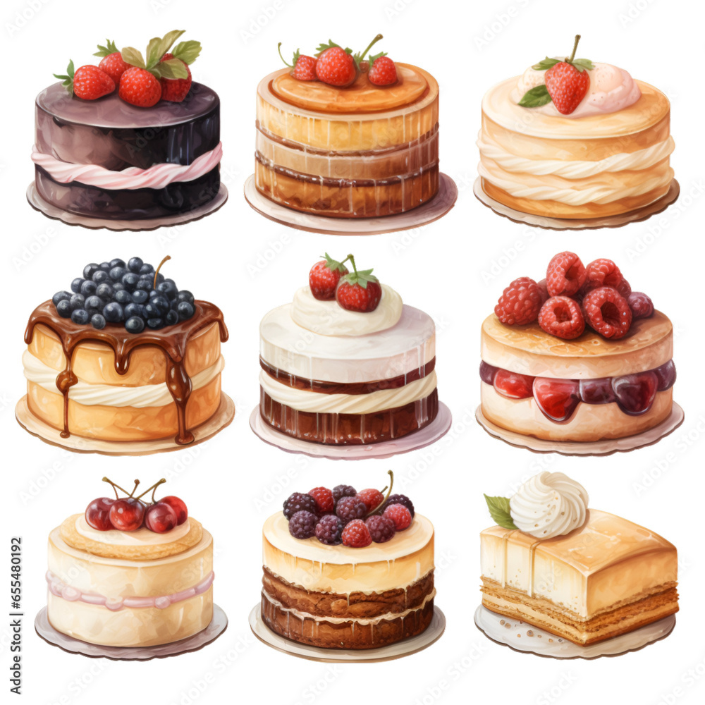 Assorted Cakes and Delectable Desserts Isolated on Transparent or White Background, PNG Assorted Cakes and Delectable Desserts Isolated on Transparent or White Background, PNG