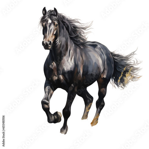 Graceful Black Horse in Meadow Isolated on Transparent or White Background, PNG