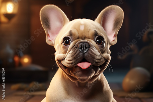 French Bulldog cartoon in a house invironment. Adorable 3D animal close-up portrait.