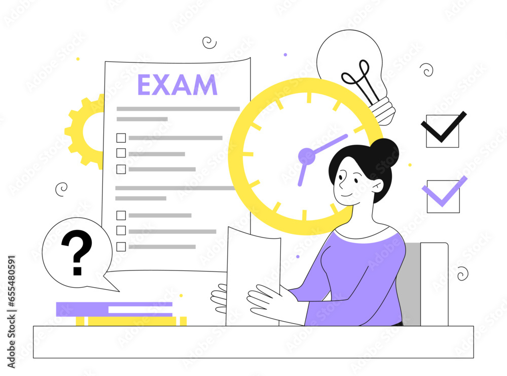 Woman with exams vector line concept