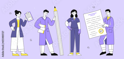 Set of doctors vector line concept