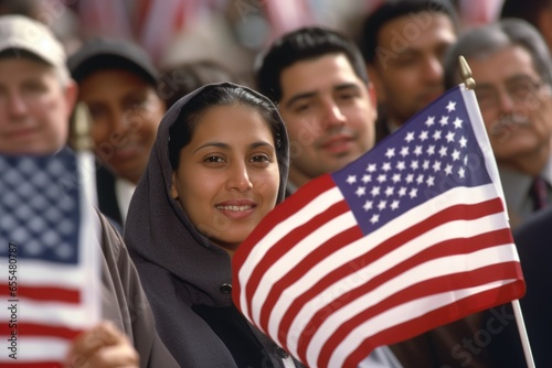 Group of  immigrants holding a small US flag the day of her naturalization photo