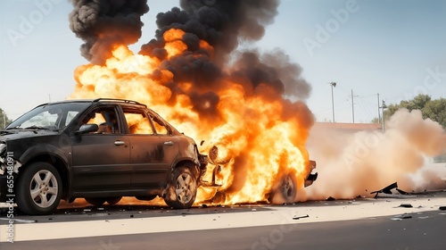 自動車事故。 炎が車両を包み込む｜car accident. flames engulf the vehicle. Generative AI