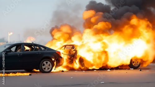 自動車事故。 炎が車両を包み込む｜car accident. flames engulf the vehicle. Generative AI © happy Wu 