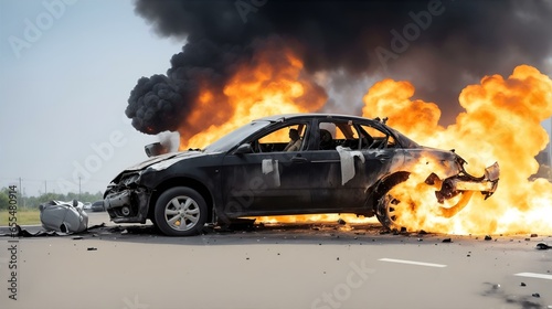 自動車事故。 炎が車両を包み込む｜car accident. flames engulf the vehicle. Generative AI © happy Wu 