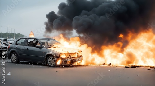 自動車事故。 炎が車両を包み込む｜car accident. flames engulf the vehicle. Generative AI photo