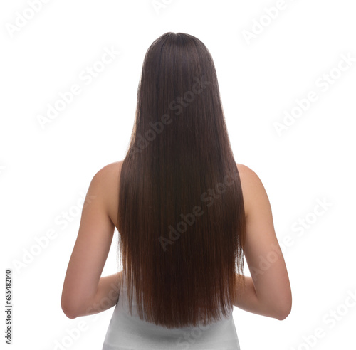 Woman with smooth healthy hair after treatment on white background, back view