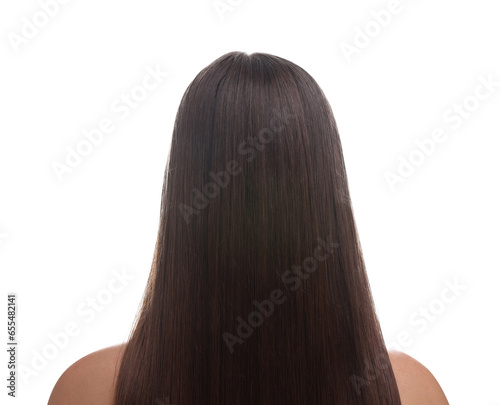 Woman with smooth healthy hair after treatment on white background, back view