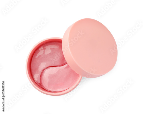 Jar of under eye patches isolated on white, top view. Cosmetic product