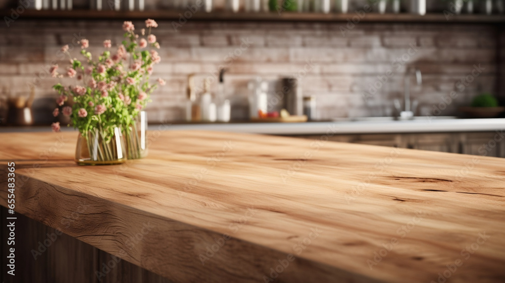 The top of a wooden kitchen island with flowers inside a vase. The top of a wooden kitchen island with flowers inside a vase.