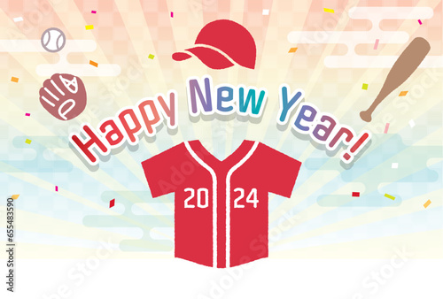 野球・ソフトボールをモチーフとした年賀状　2024年　赤いユニフォーム、横型　挨拶文なし