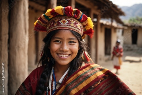 
indigenous girl from Bolivia smiling with her typical clothes, Latin American culture, Bolivian culture and local tradition