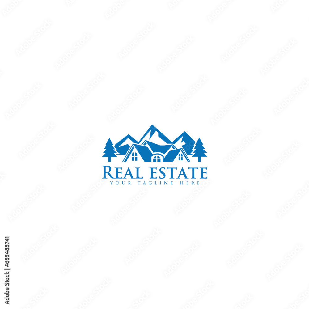 Houses in mountains vector stained-glass logo. Real-estate hotel cottages sign. Property agency, building, insurance, buying, investment, constructing, cleaning. Winter holidays and ski resort symbol