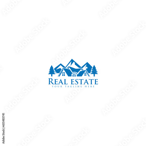 Houses in mountains vector stained-glass logo. Real-estate hotel cottages sign. Property agency, building, insurance, buying, investment, constructing, cleaning. Winter holidays and ski resort symbol
